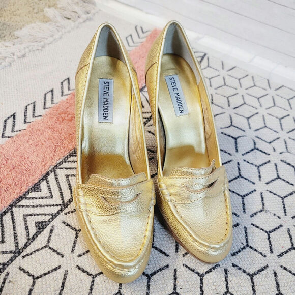 Steve Madden Gold Leather Platforms Loafer Heels, sz 9 - Picture 6 of 13